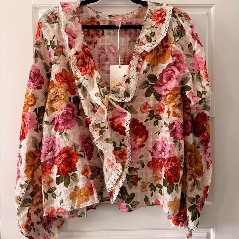 Floral Ruffle Button-Front Top in Multi Pink